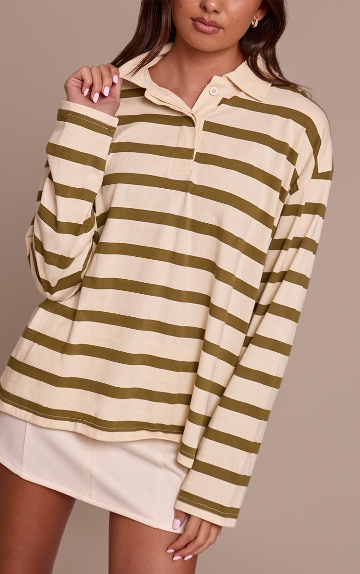 Sage Green Stripe Cotton Polo Collar Long Sleeve Top image 4