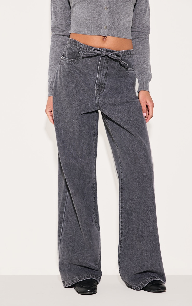 Grey Low Rise Tie Waistband Wide Leg Jeans image 2