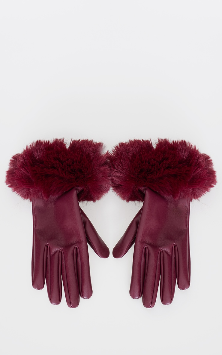 Burgundy PU Faux Fur Trim Gloves image 2