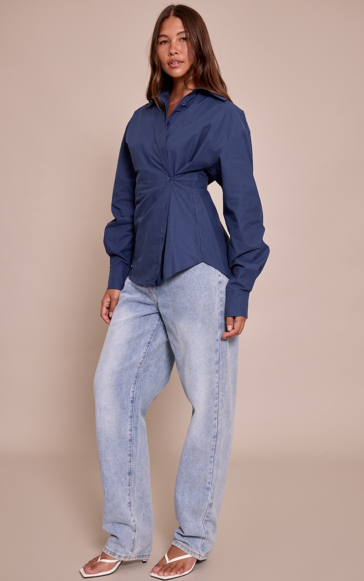 Navy Cotton Multi Button Cinched Shirt image 3
