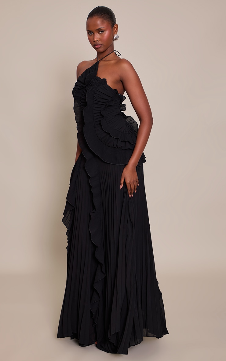 Black Pleated Frill Halterneck Maxi Dress image 3