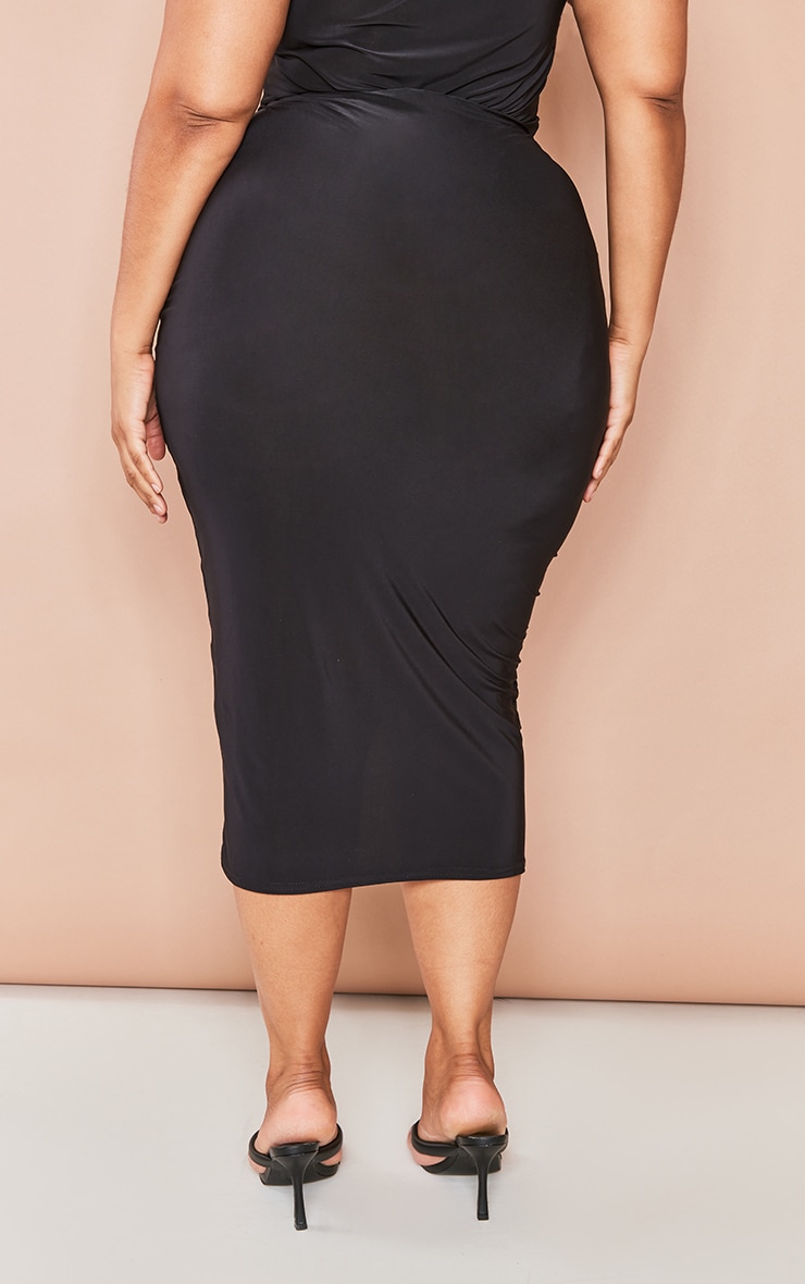 Plus Black Slinky Ruched Front Midi Skirt image 3