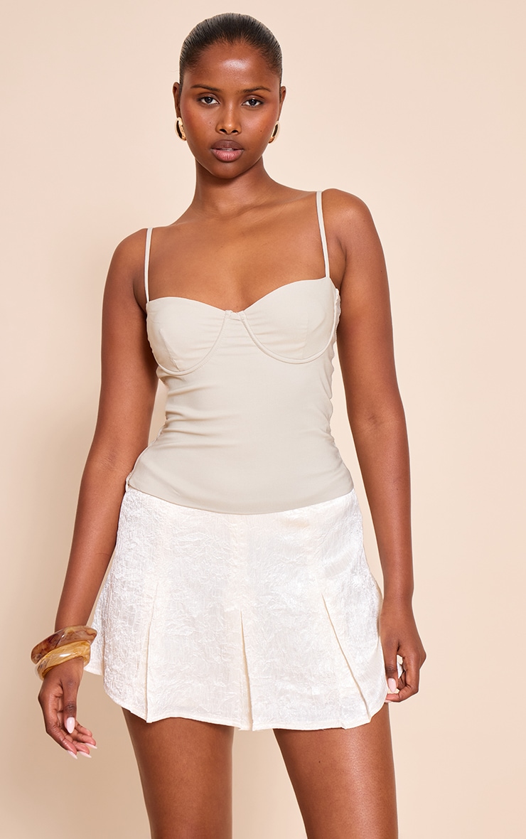 Cream Textured Satin Pleated Skater Skort image 4