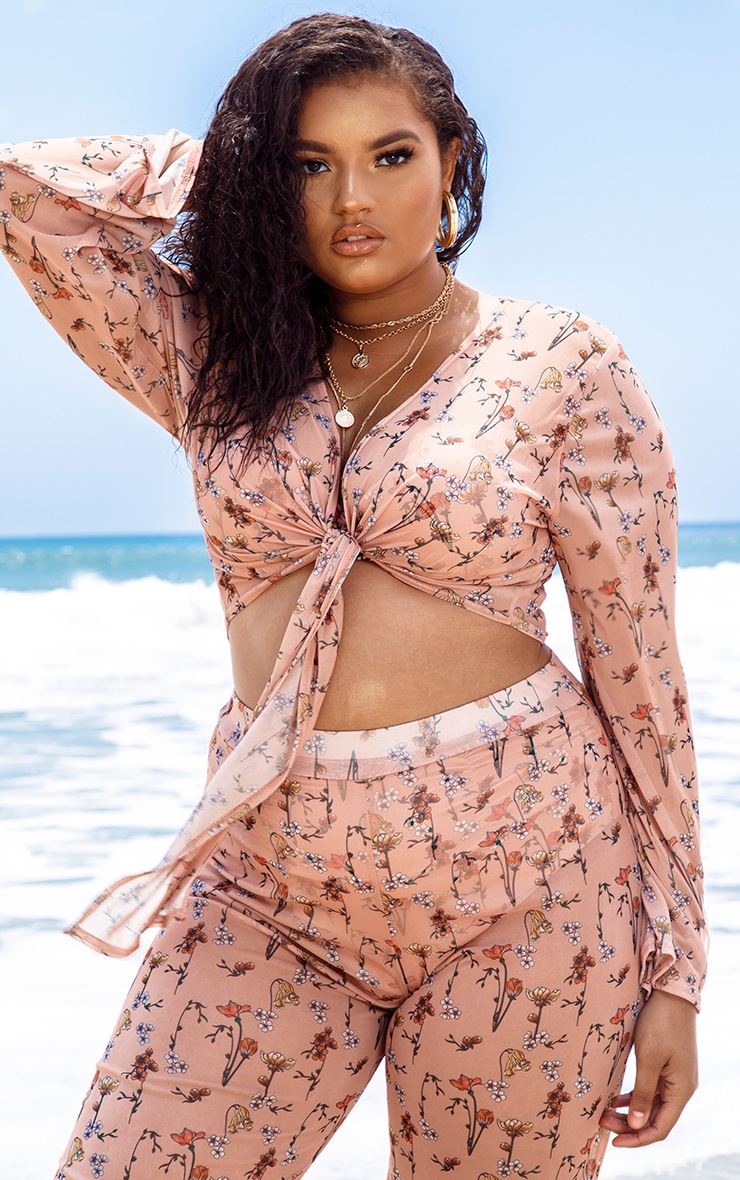 Plus Peach Garden Print Sheer Tie Front Top