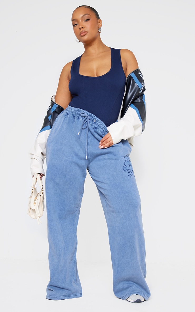 Plus Charcoal Blue Ribbed Seam Detail Bodysuit image 1