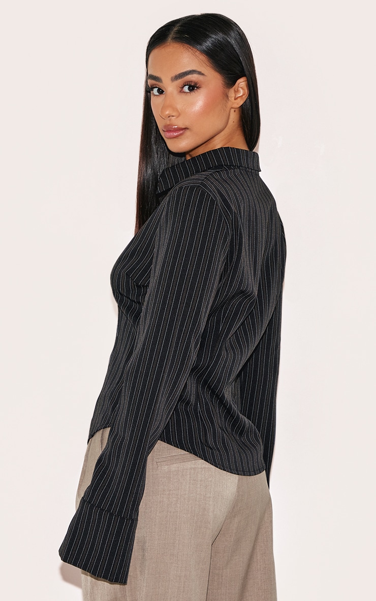 Petite Black Striped Long Sleeve Fitted Shirt image 2