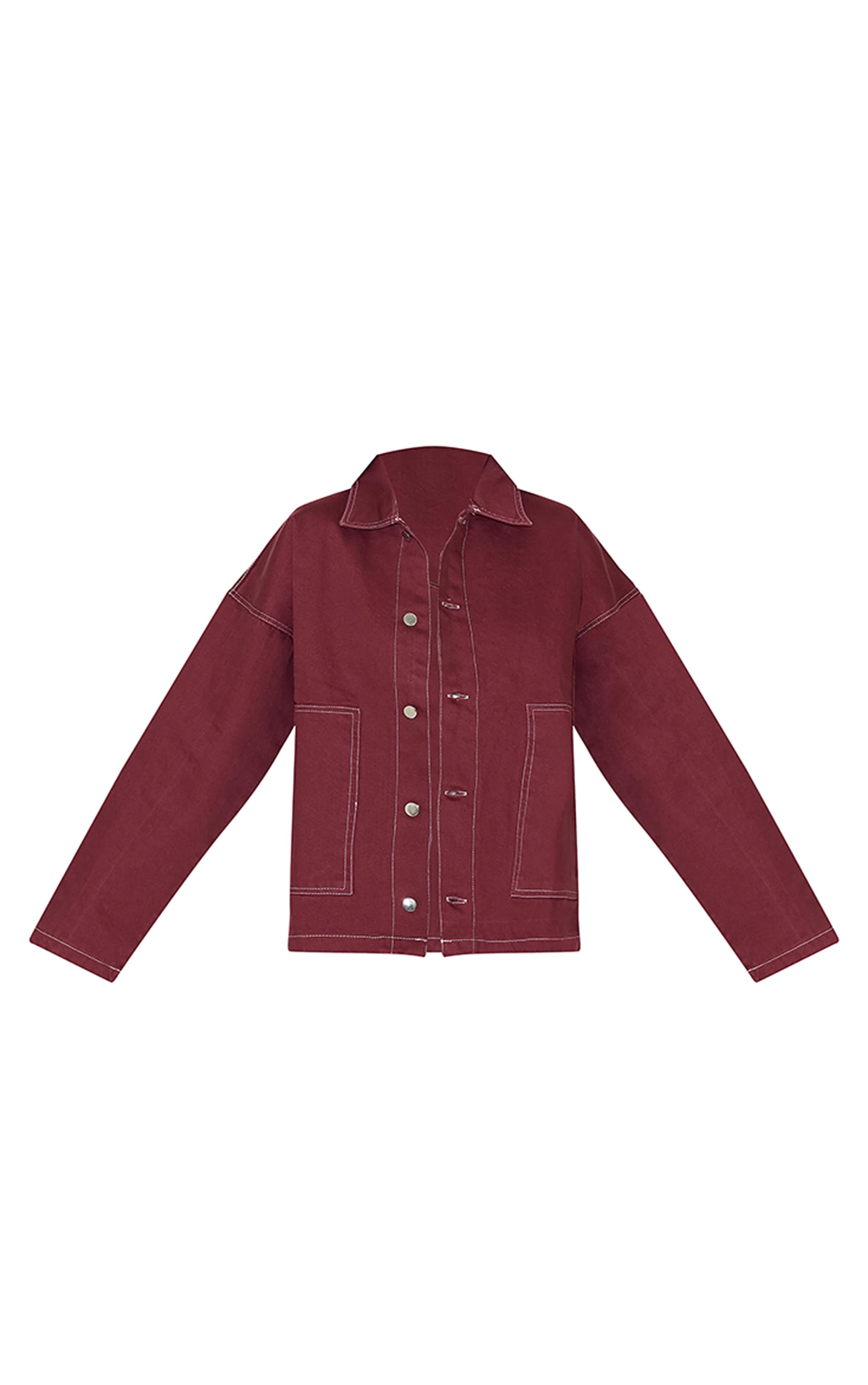 Burgundy Contrast Stitch Pocket Patch Detail Denim Shirt image 5