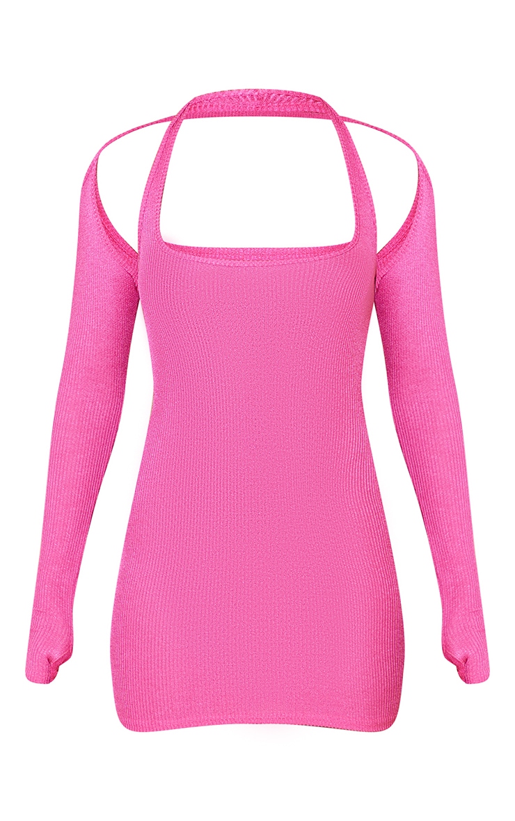 Pink Textured Rib Halterneck Detail Bodycon Dress image 5