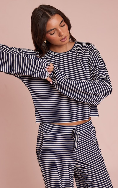Navy Ribbed Stripe Oversized Slouchy Long Sleeve Top