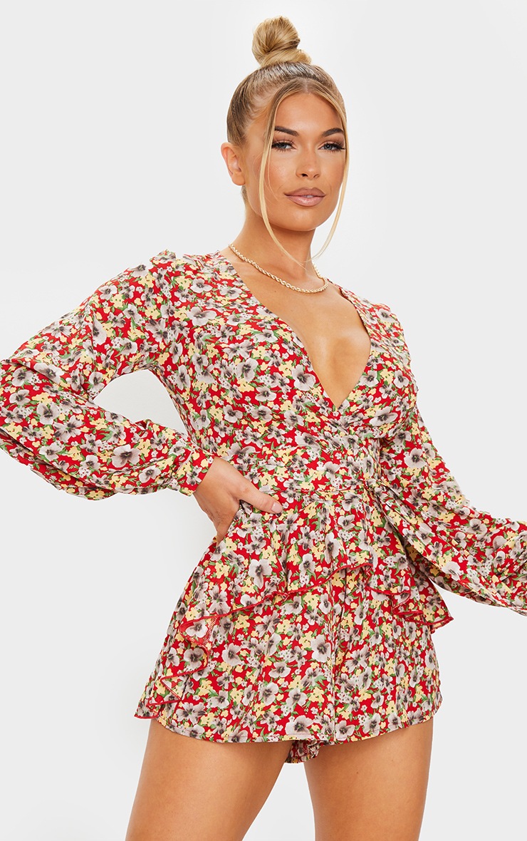 Red Floral Long Sleeve Frill Playsuit