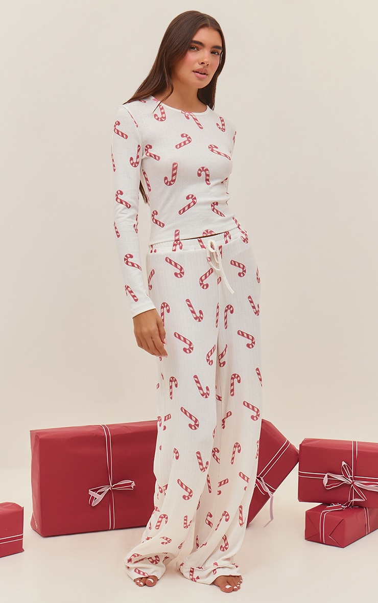 Candy Cane Print Pointelle Long Sleeve Top and Pant PJ Set image 3