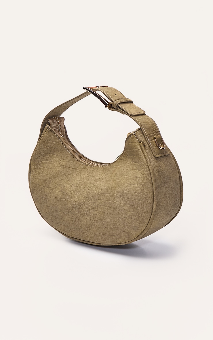 Olive Faux Suede Croc Crescent Shoulder Bag image 3