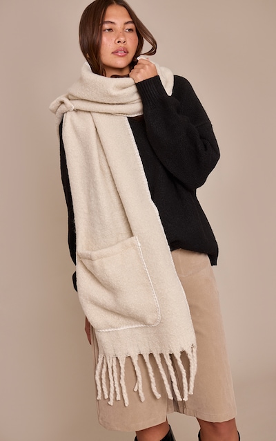 Oatmeal Pocket Stitch Detail Tassel Scarf