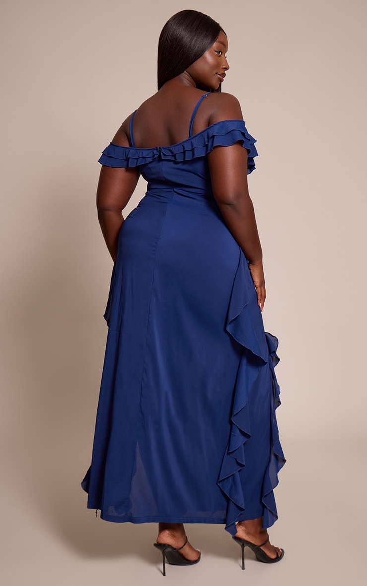 Plus Navy Cold Shoulder Ruffle Detail Strappy Maxi Dress image 2