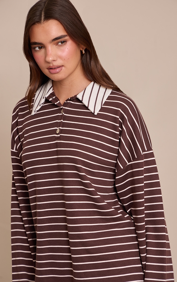 Chocolate Striped Collared Rugby Style Oversized Long Sleeve Top image 4