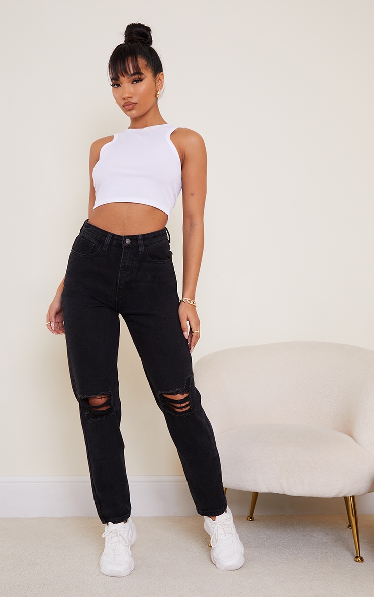PRETTYLITTLETHING Washed Black Knee Rip Mom Jean