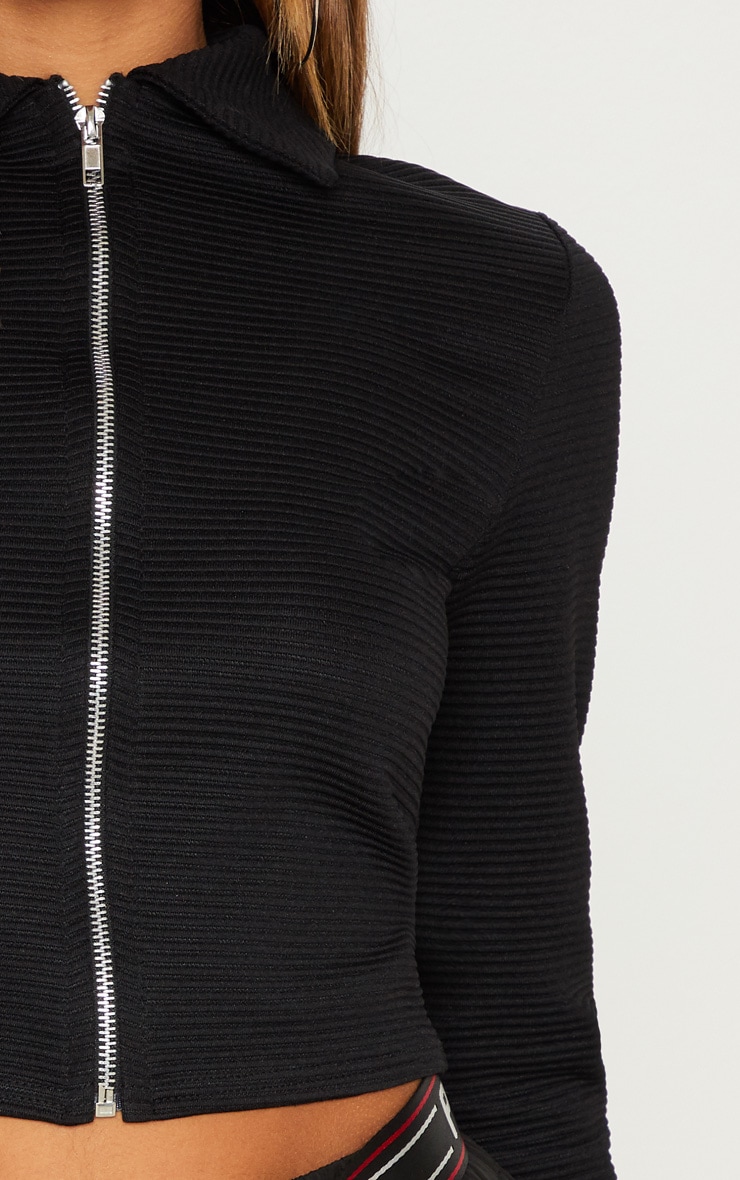 Black Rib Zip Up Long Sleeve Polo Top image 5