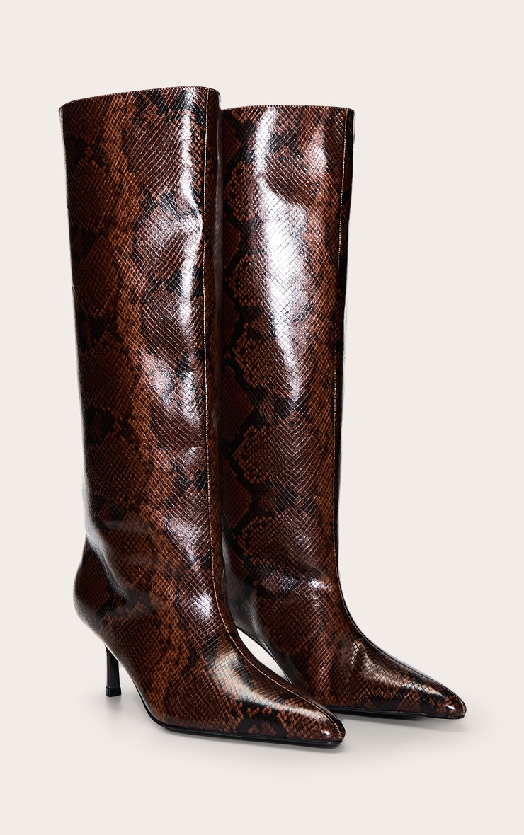 Natural Snake PU Snipped Toe Low Heel Knee Boots image 3