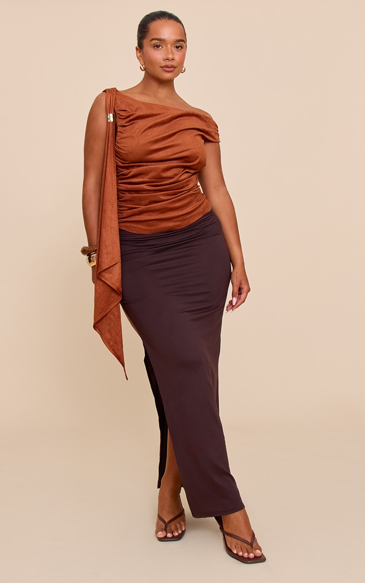 Shape Rust Faux Suede Off Shoulder Gold Trim Drape Top image 3