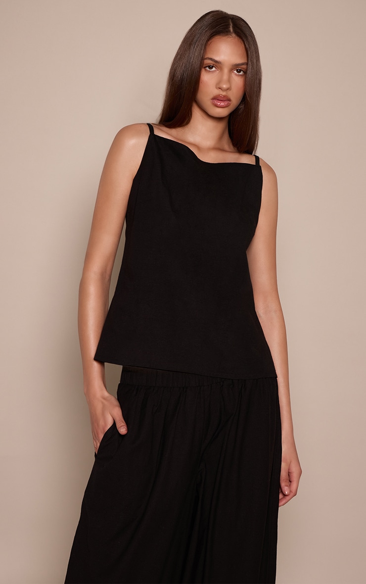 Black Linen Look Strappy Back Detail Cami Top