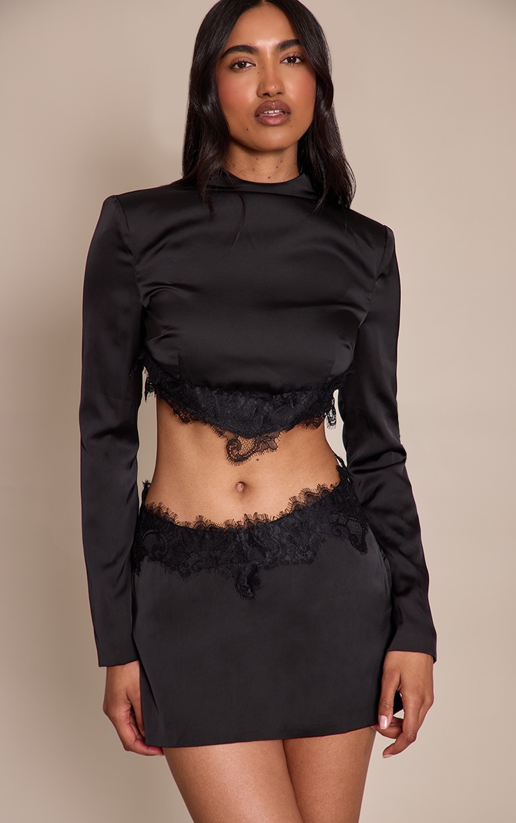 Black Satin Lace Trim Mini Skirt  image 4