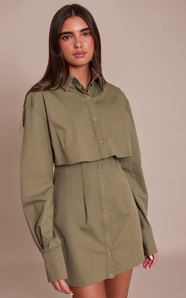 Khaki Overlay Detail Long Sleeve Shirt Dress