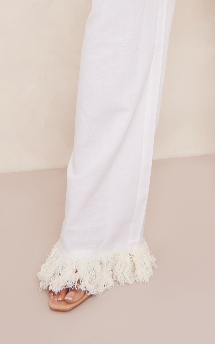 White Linen Look Tassel Hem Wide Leg Trousers image 4