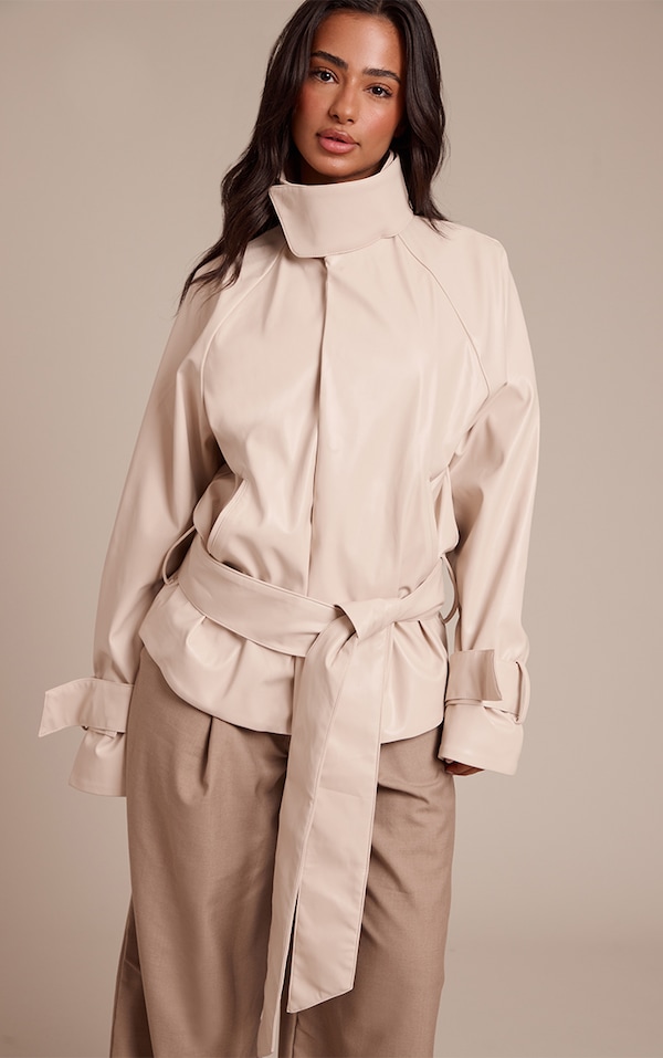 Petite Manteau en PU crème à col entonnoir et ceinture
