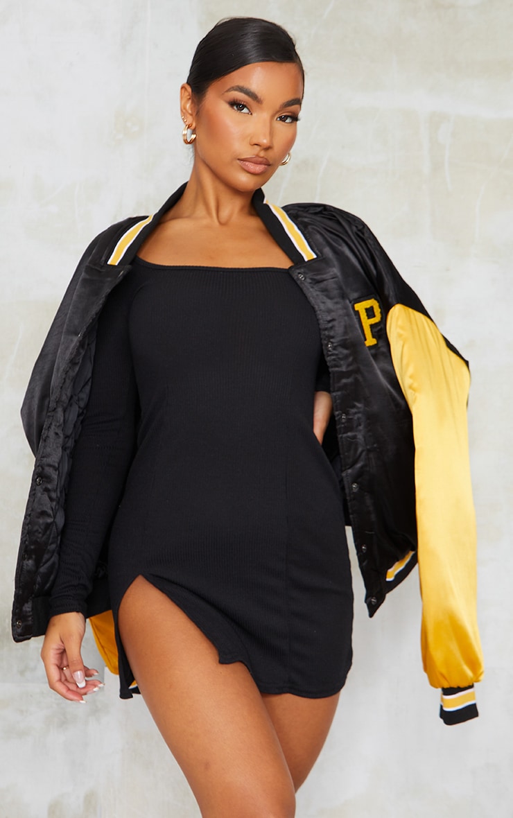 Black Rib Split Hem Square Neck Long Sleeve Bodycon Dress image 3