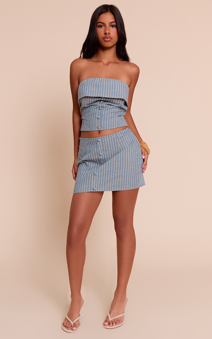Petite Blue Pinstripe Button Up Bandeau Top image 3