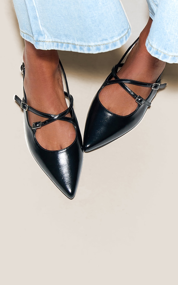 Black PU Buckle Point Toe Sling Back Mules