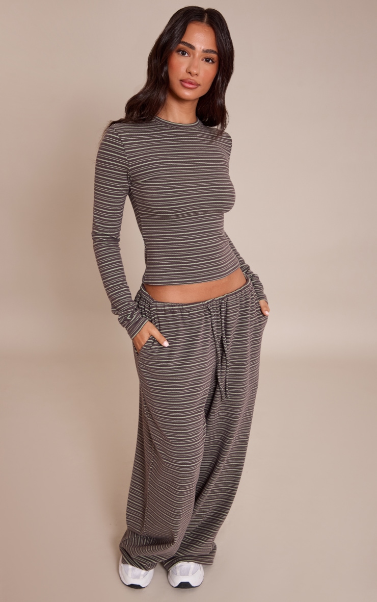 Petite Dark Green Striped Soft Fleece Long Sleeve Top image 3