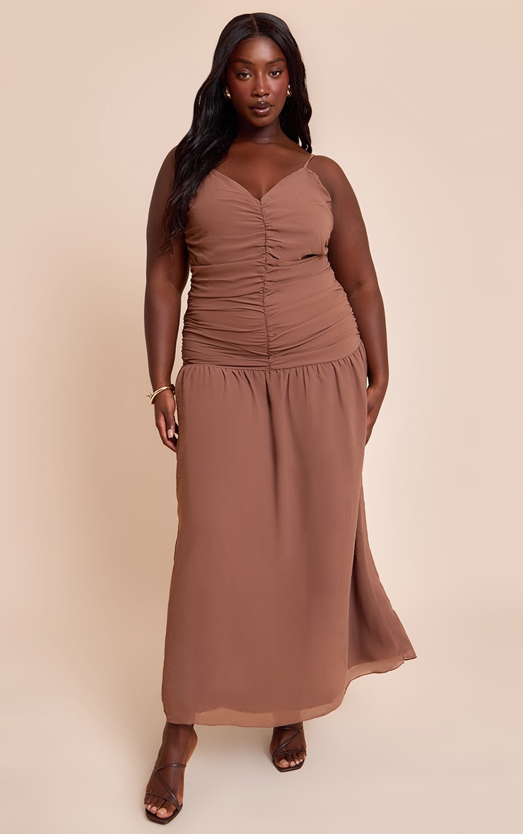 Plus Chocolate Chiffon Ruched Dropped Waist Maxi Dress image 1