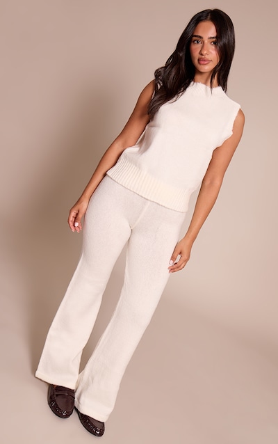 Petite Cream Knit High Waist Wide Leg Pants