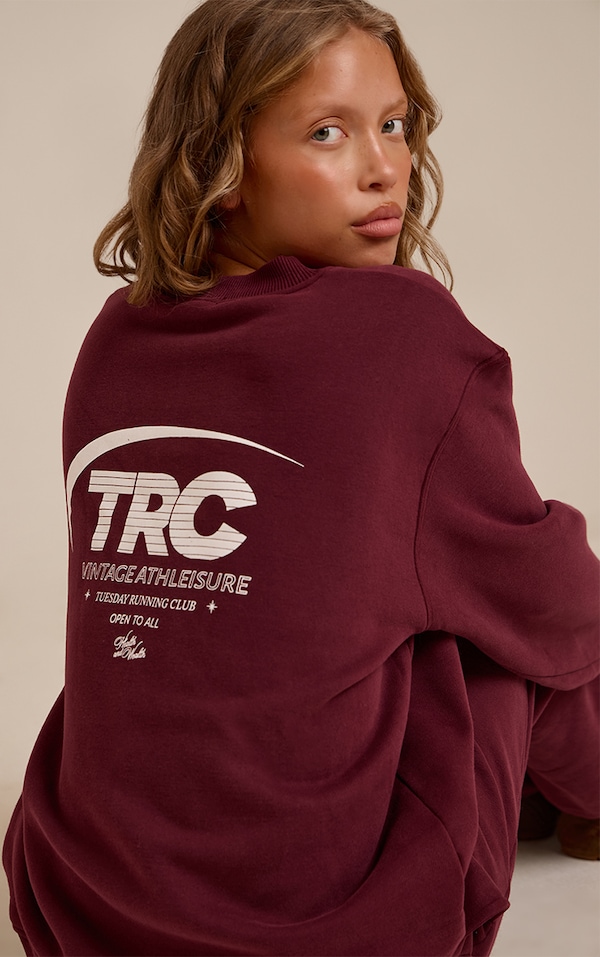 Burgundy Run Club Cotton Fleece Oversized Crew Sweatshirt