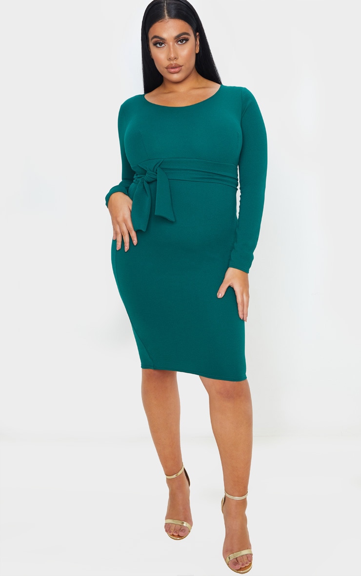 Plus Emerald Green Long Sleeve Wrap Waist Midi Dress