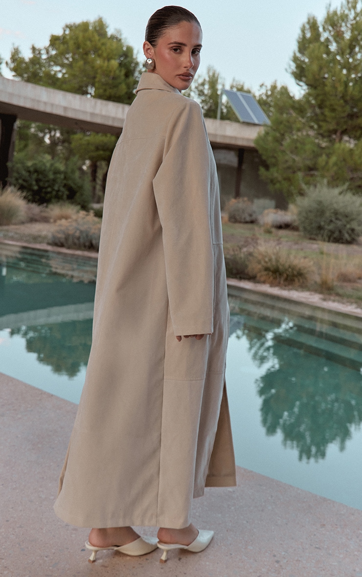 Ecru Suede Longline Button Coat image 3