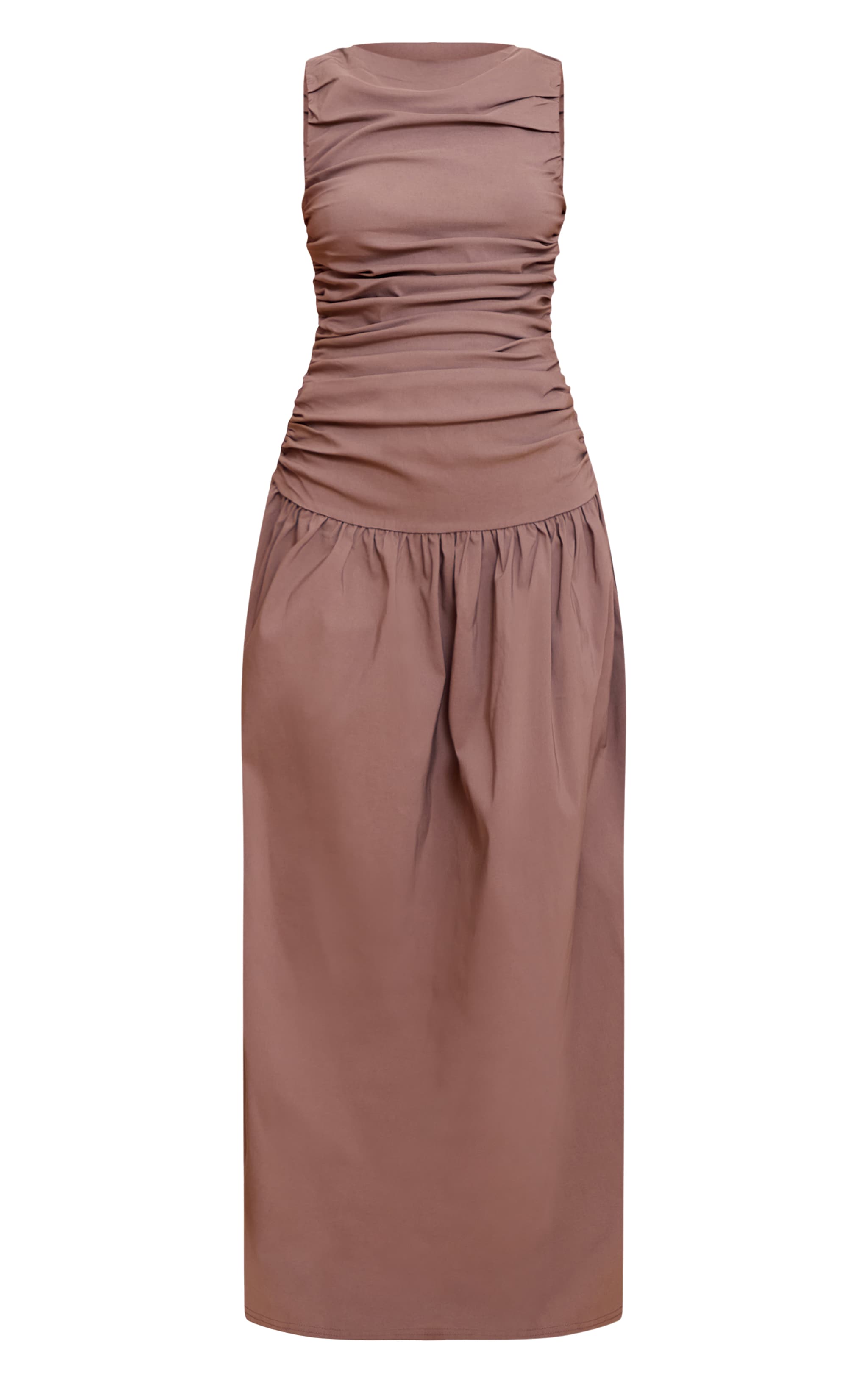 Taupe Stretch Woven Ruched Detail Drop Waist Maxi Dress image 5