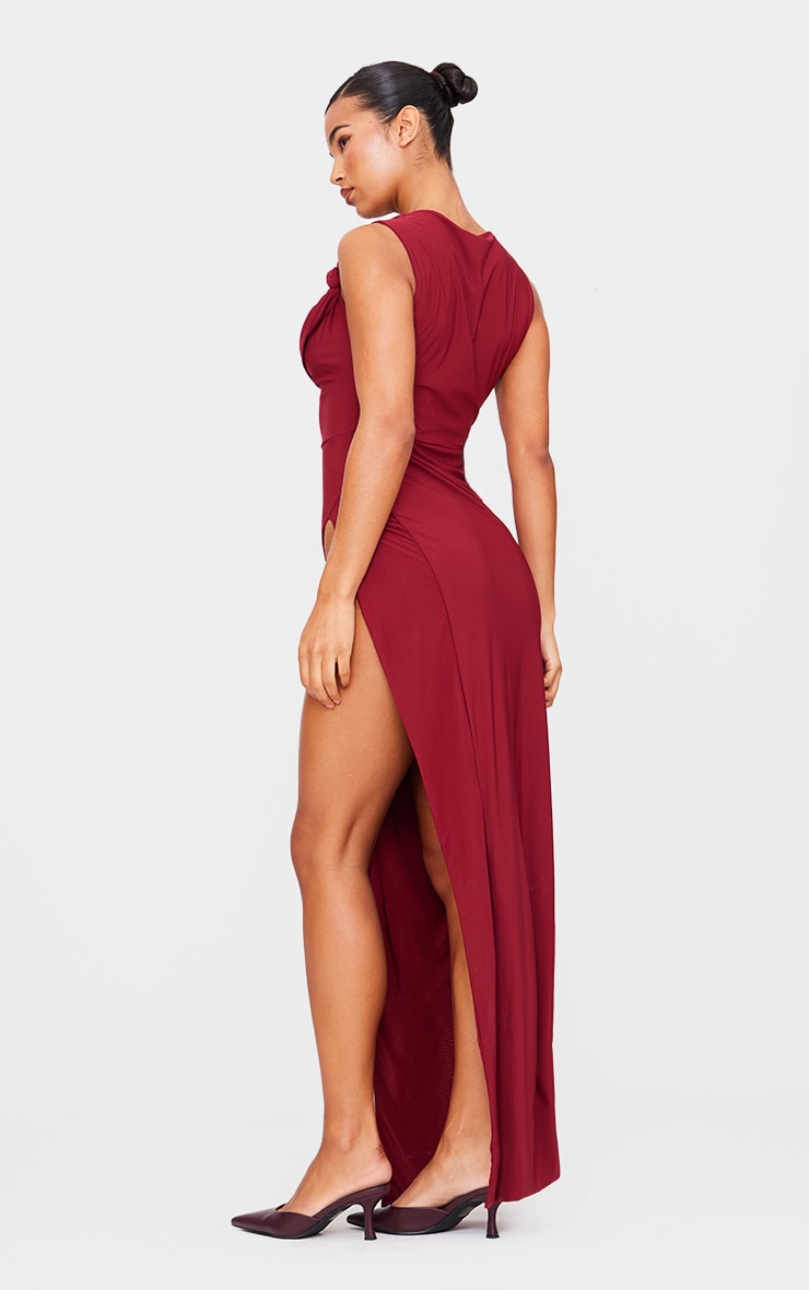 Burgundy Double Layer Draped Knotted Split Maxi Dress image 2