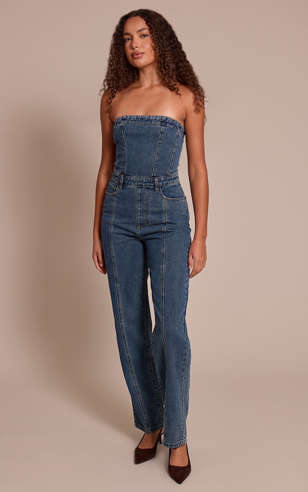 Tall Indigo Vintage Wash Bandeau Style Straight Leg Denim Jumpsuit