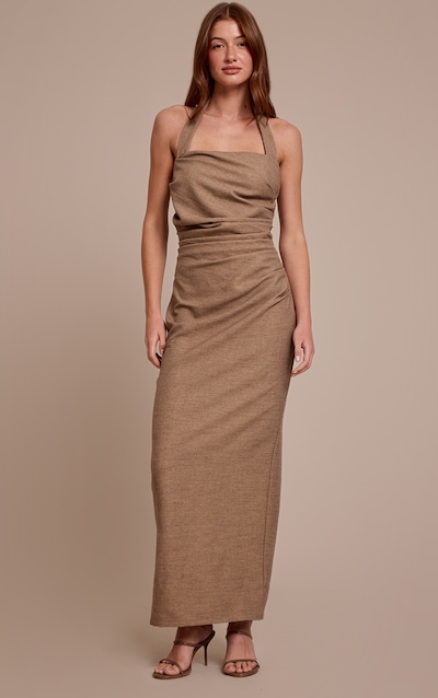 Robe longue taupe froncée à dos nu