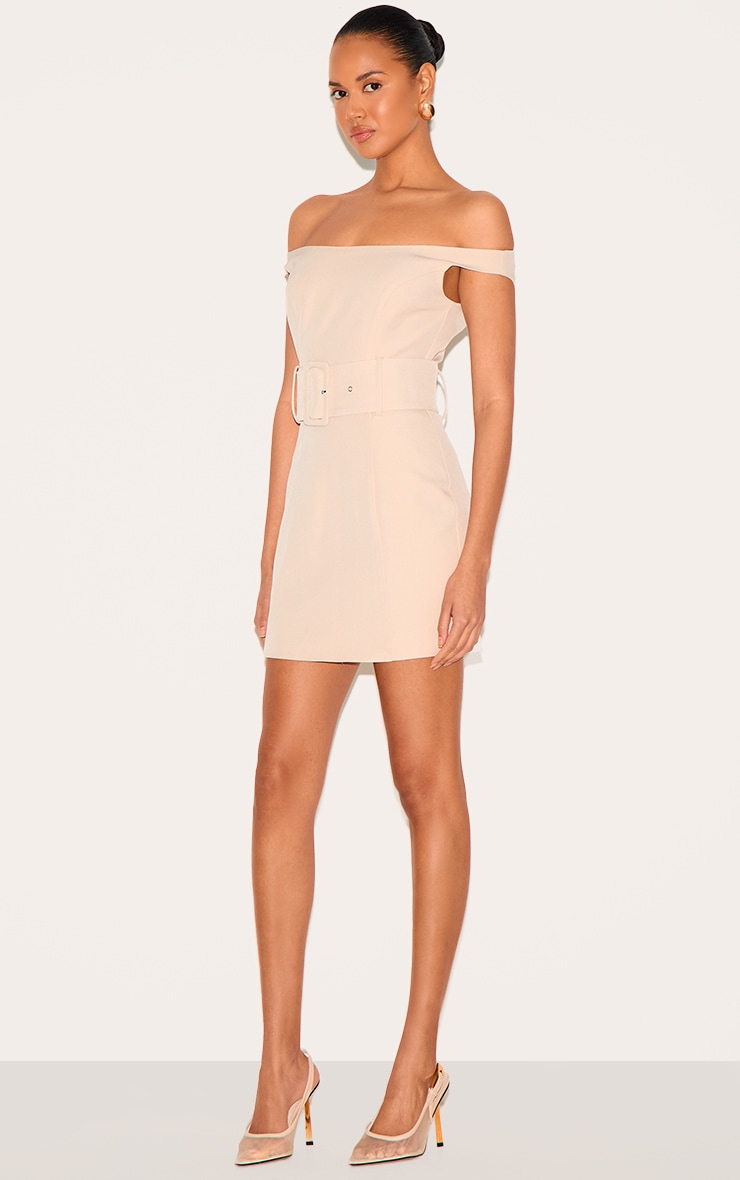 Almond Woven Off Shoulder Belt Detail Mini Dress image 3