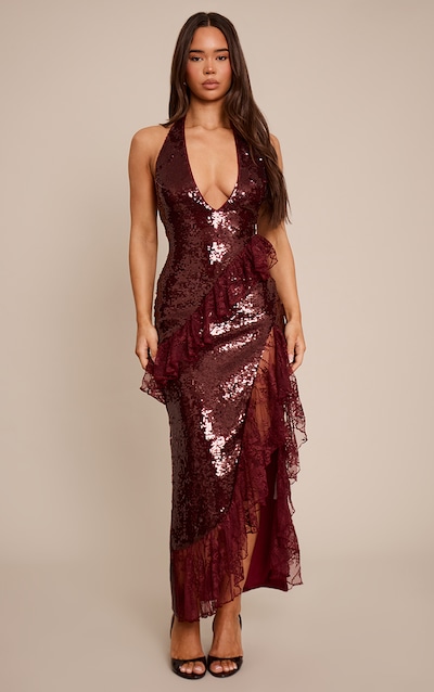 Burgundy V Neck Frill Maxi Dress
