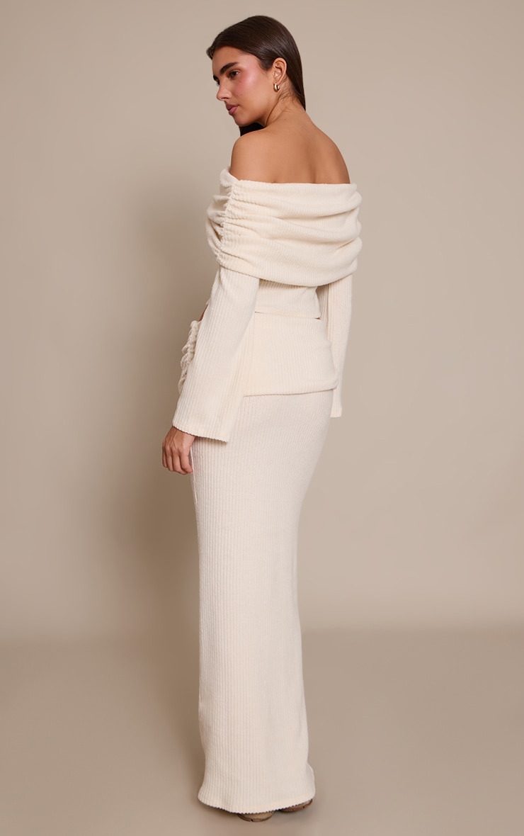 Cream Soft Rib Ruched Fold Over Maxi Skirt   image 3