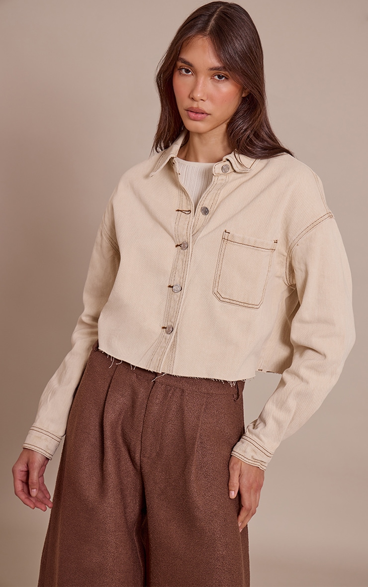 Washed Stone Raw Hem Cropped Denim Shirt image 1