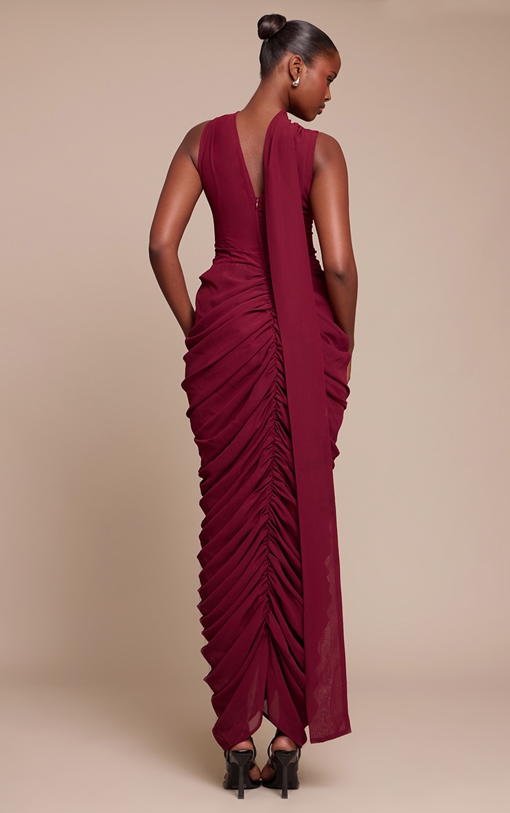 Wine Chiffon Scarf Detail Ruched Maxi Dress image 2