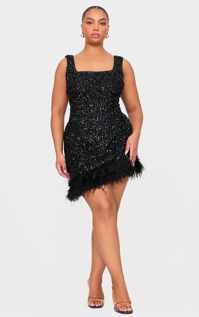 Plus Black Sequin Scoop Neck Feather Hem Shift Dress