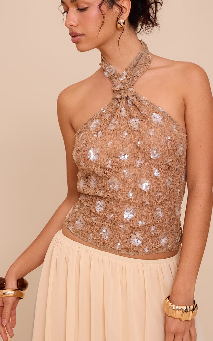 Brown Sequin Textured Halterneck image 4