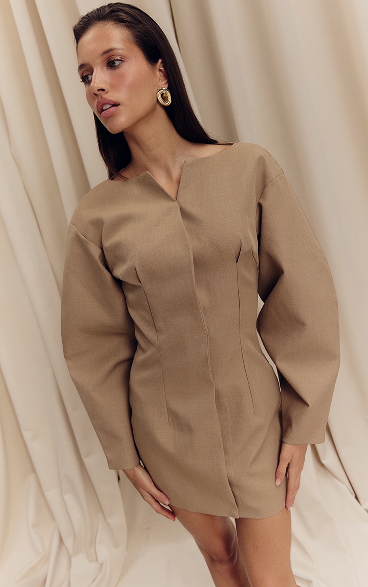 Camel Cocoon Sleeve Cinched Waist Blazer Dress image 3