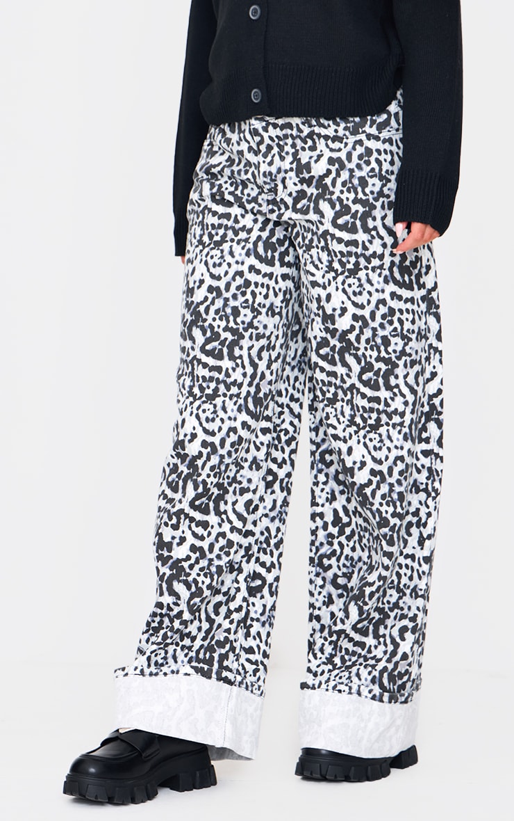 White And Black Leopard Print Turn Up Hem Wide Leg Jeans image 2